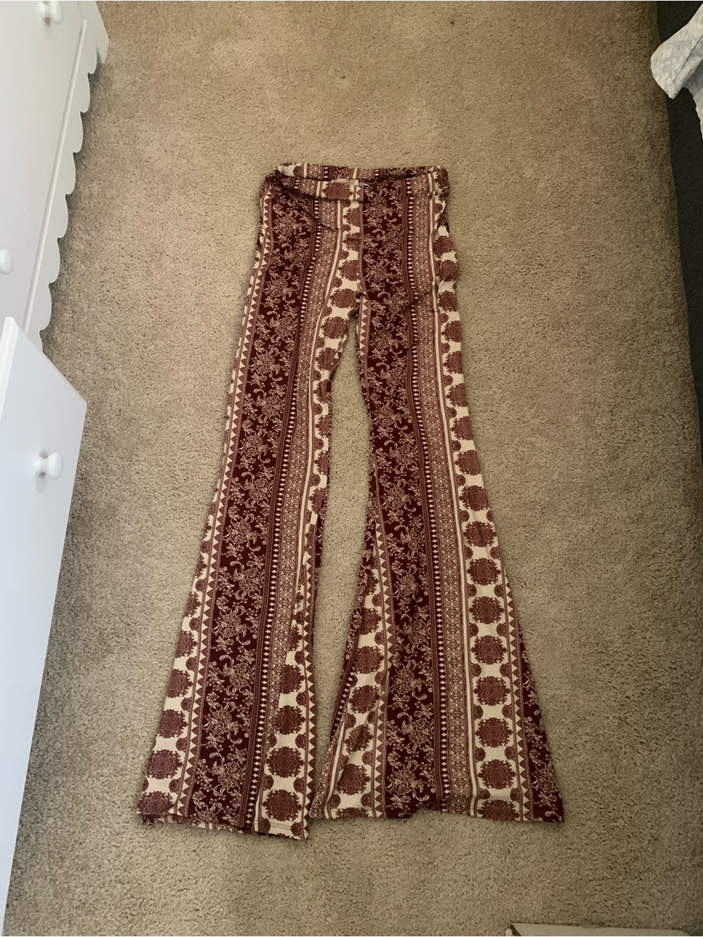 Boho Printed Flared Pants in Burgundy and Cream